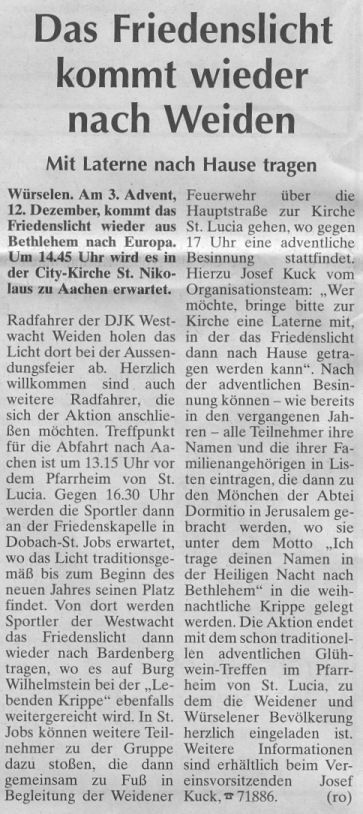 Das Friedenslicht kommt wieder nach Weiden